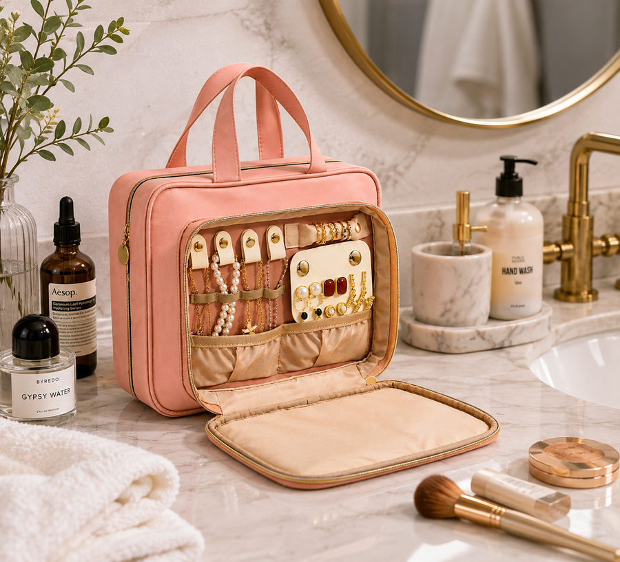 Pink Travel Toiletry & Jewelry Organizer Bag | Makeup & Skincare Case